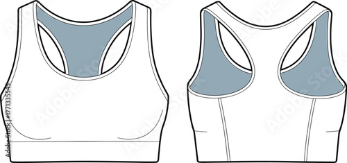 CAD drawing flat vector illustration of sports bra front and back view, racerback Y shape, scoop neckline, mesh fabric detail