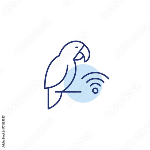 Parrot on perch and wi-fi. Pet monitoring, smart tracking devices. Internet of things care. Pixel perfect, editable stroke vector icon