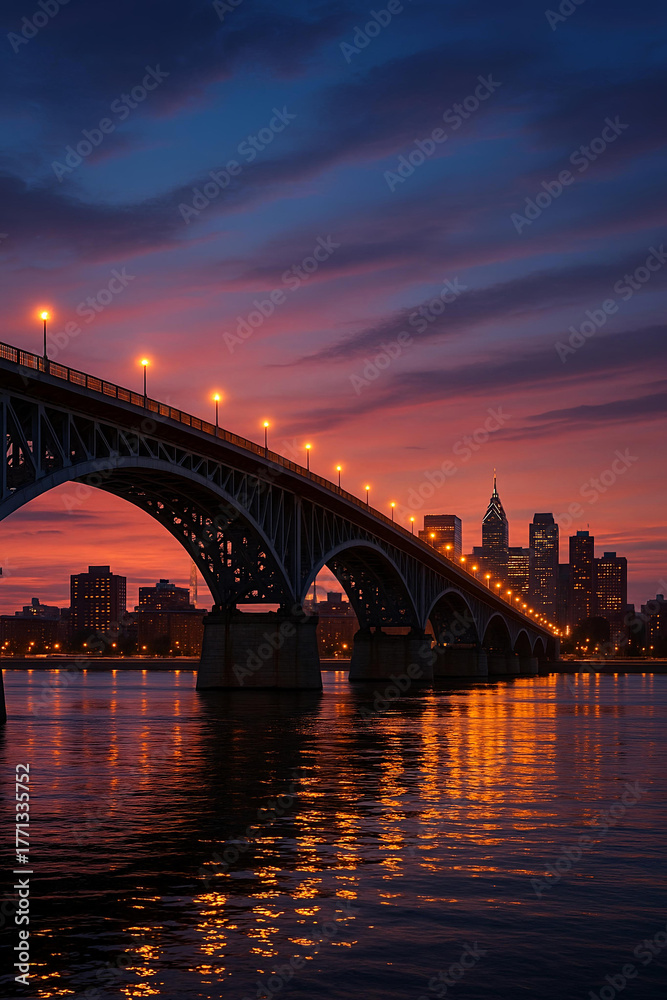 Fototapeta premium Steel arch bridge over river at sunset twilight with city skyline in the background 