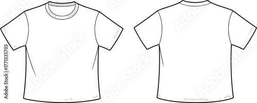 CAD drawing flat vector illustration of t shirt front and back view, crew neck short sleeve plain unisex design, fashion garment sketch
