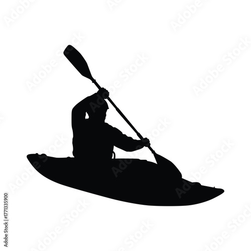 Silhouette of a kayaker paddling aggressively, ideal for themes of extreme water sports, adventure, rafting, and outdoor activity.