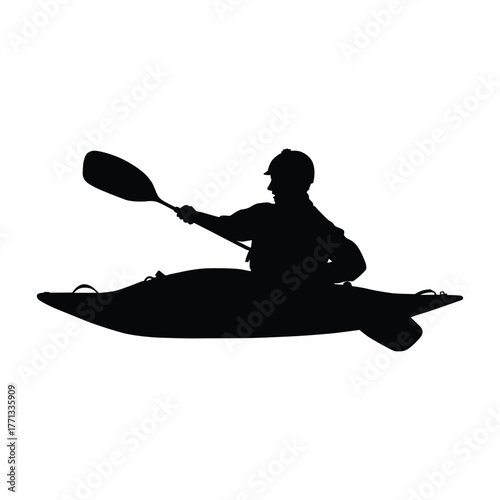 Silhouette of a person wearing a helmet and paddling a kayak or canoe on calm water. Represents water recreation, tourism, outdoor adventure, and leisurely activity.