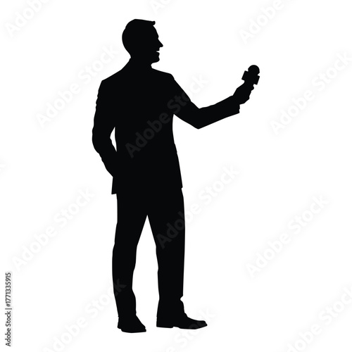 Silhouette of a male news reporter or journalist in a suit, standing and holding a microphone for an interview or broadcast. Represents media, communication, and professional journalism.