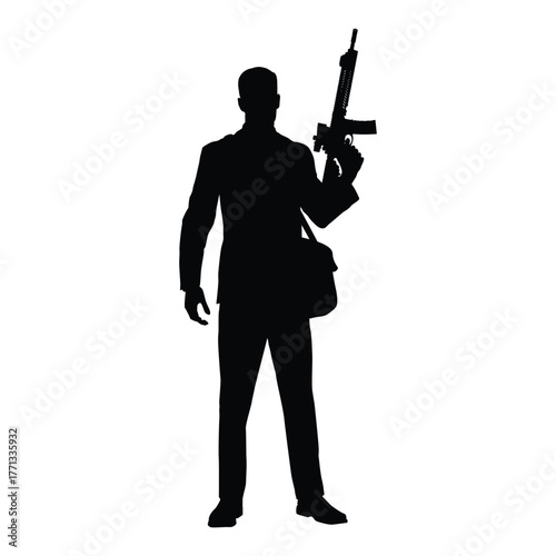 Silhouette of a serious-looking man in a formal suit and carrying a messenger bag, holding a rifle. Represents a government agent, private security, or spy theme.