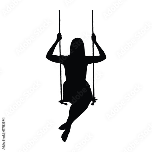 Silhouette of a barefoot woman in a skirt sitting on a rope swing. Represents childhood joy, freedom, leisure, relaxation, and summer fun.