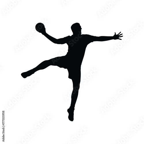 Handball Player Silhouette, Dynamic Jump Shot with Ball in Intense Sporting Action
