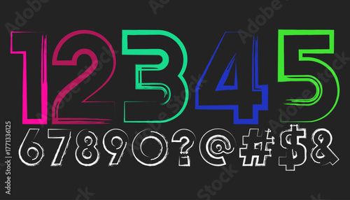 Stylized Colorful Numbers and Symbols on a Dark Background Illustration