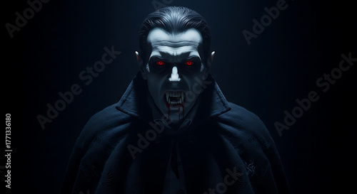 Creepy vampire with red eyes and sharp fangs in darkness
