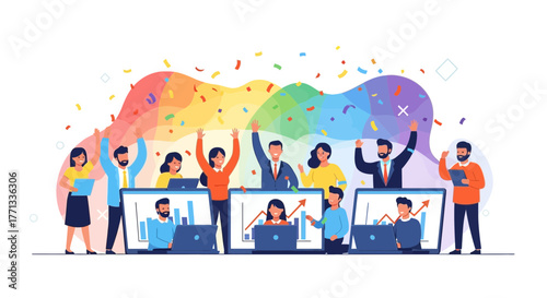 Vibrant Team Celebrating Success Together With Laptops and Colorful Confetti Animation