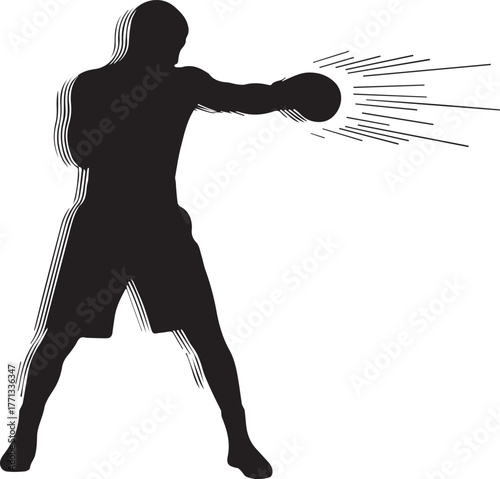 Silhouette of a boxer delivering a powerful punch with motion lines for impact