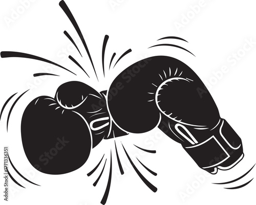 Dynamic boxing gloves clash with action lines representing impact and energy in sport