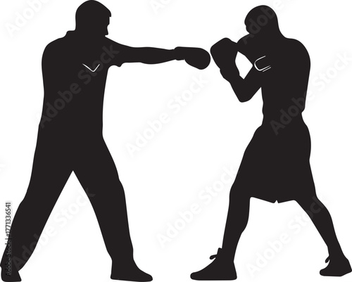 Two boxers silhouetted in action throwing punches during a training session on white