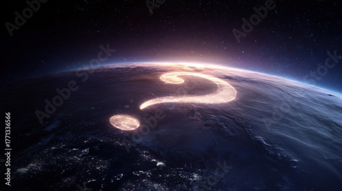 giant glowing question mark hovering above planet Earth viewed from space, concept of humanity s future and environmental uncertainty, cosmic