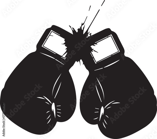 Pair of black boxing gloves hanging together ready for a fight or training session