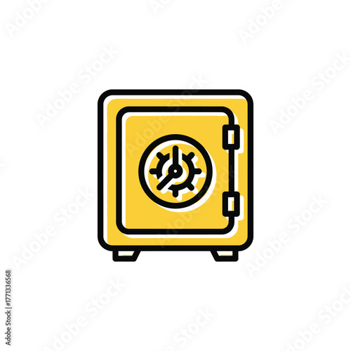 Yellow safe with a circular dial security outline and black trim