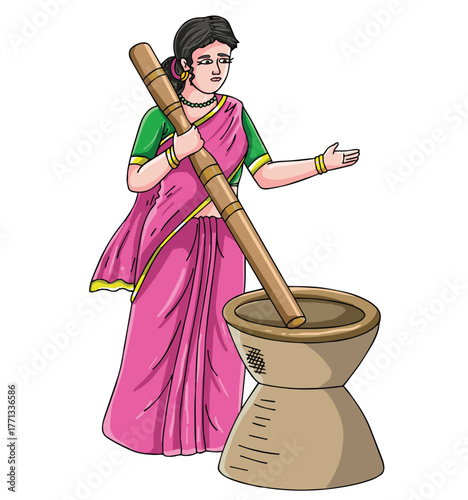  Cute cartoon hand drawn vector An Indian lady Grinding Spices clipart.