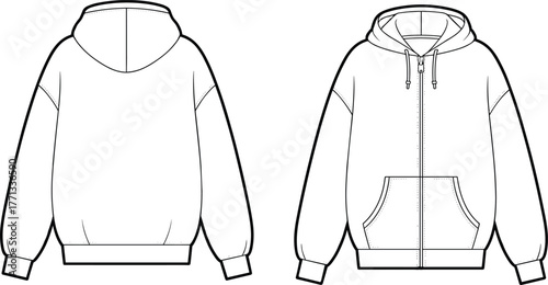 CAD drawing flat vector illustration of zip up hoodie front and back view, kangaroo pocket, drawstring hood, ribbed cuffs design