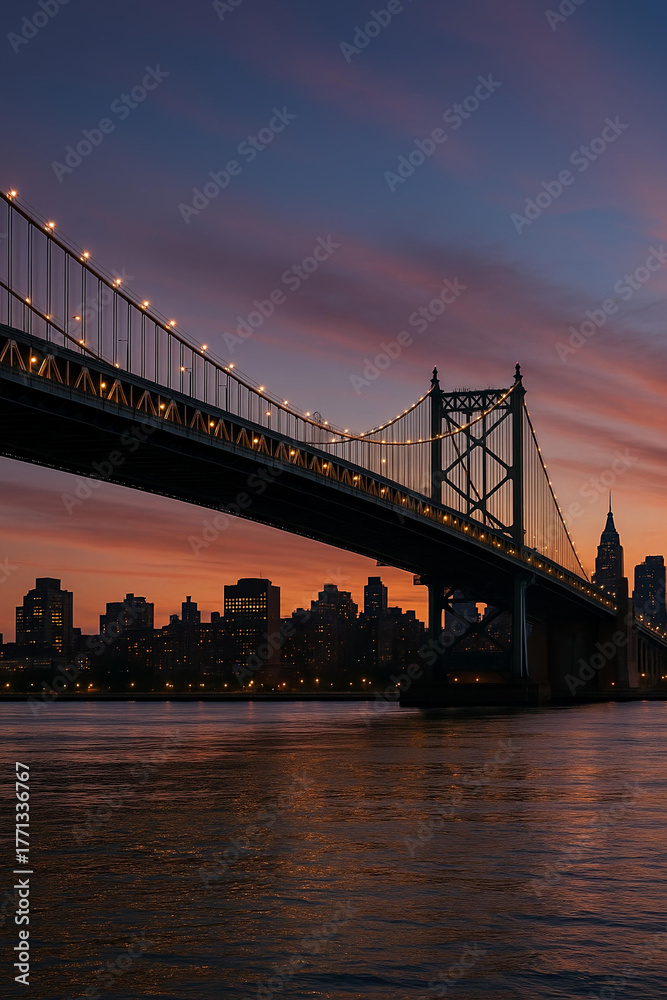 Fototapeta premium Steel arch bridge over river at sunset twilight with city skyline in the background