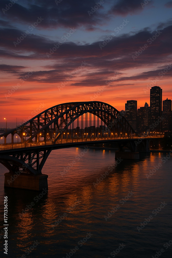 Naklejka premium Steel arch bridge over river at sunset twilight with city skyline in the background