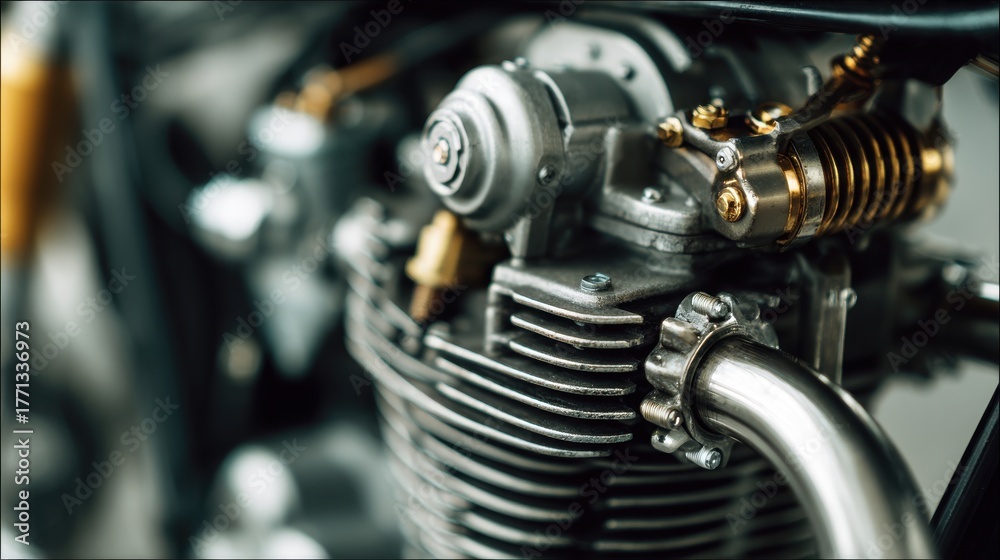 Fototapeta premium A High Resolution image of closeup of a vintage motorcycle engine with intricate details and chrome accents.