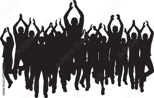 Excited crowd silhouette jumping and cheering celebration festival event