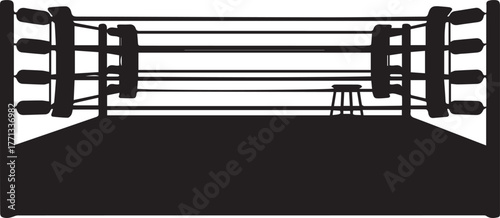 Empty boxing ring with ropes and corner posts ready for combat competition