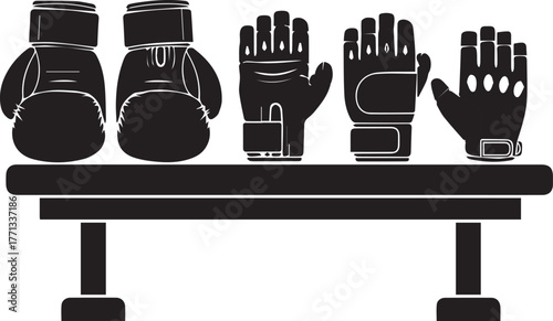 Five diverse boxing gloves lined up on a display stand ready for training and competition