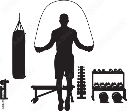 Fitness silhouette of a man jumping rope surrounded by boxing and weight training equipment