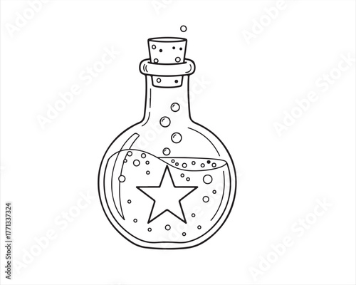 A whimsical handdrawn illustration of a potion bottle with a star inside, isolated on a