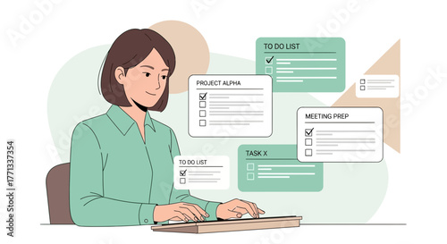 Woman Working on a Computer, Planning Agenda Task Management with Checklist Elements