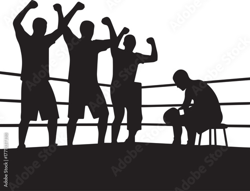 Boxing victory celebration silhouette with defeated opponent in corner of ring