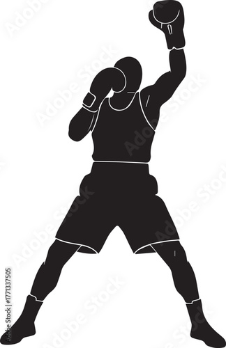 Dynamic silhouette of a boxer celebrating victory with raised arms and gloves ready for action