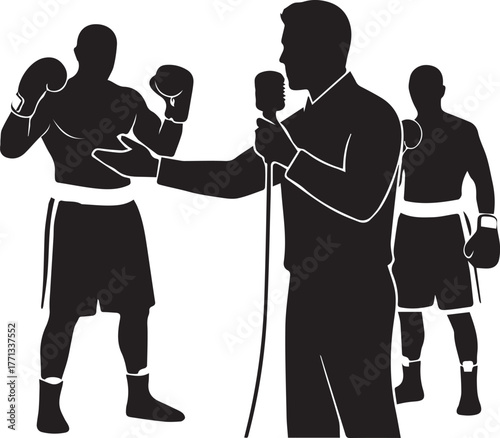 Boxing match announcement with referee and boxers silhouette dynamic sports event