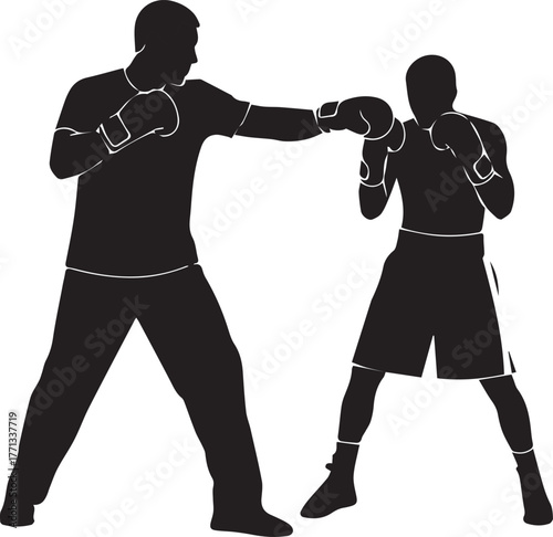 Boxing training silhouette dynamic action two fighters practicing punches fight sport exercise