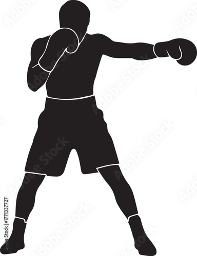 Silhouette boxer delivering punch dynamic pose ready for combat sports and fitness