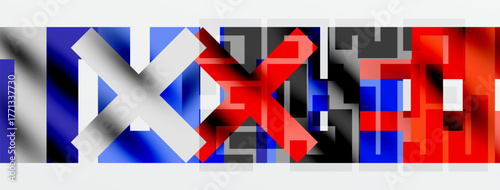 Abstract geometric composition. Bold colors, sharp angles, fragmented shapes create dynamic visual impact. Modern design aesthetic.