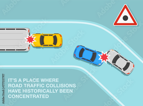 Safe driving tips and traffic regulation rules. Place where road traffic collisions have been concentrated. Black spot sign area. Top view. Flat vector illustration template.