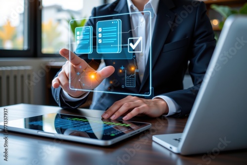 Business professional using digital interface to approve document quality data assurance business check, device, doc, concept, agreements