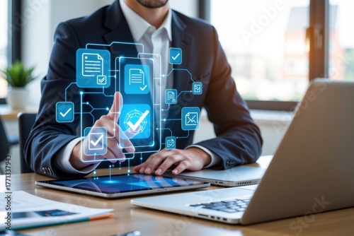 Businessman using digital tablet to approve document quality data assurance and business check control, online, information, electronic, digital