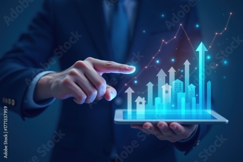 Businessman interacting with digital real estate property apartment home finance, approval, key, risk, tax