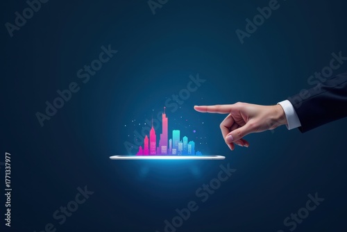 Digital platform technology with technology digital cityscape hologram data analysis, virtual, futuristic, innovation, digital world