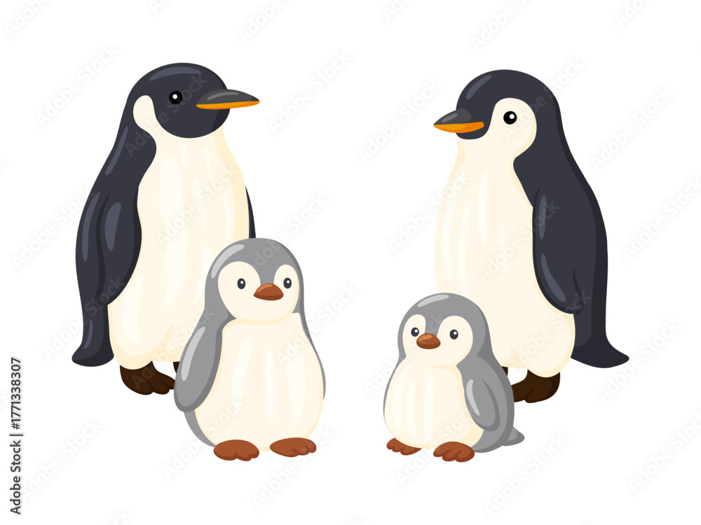 Fototapeta premium Penguin Family Two Adults and Two Chicks Illustration