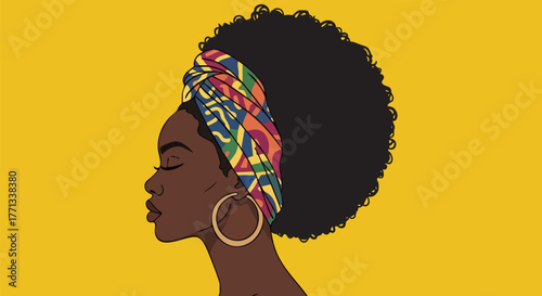 African woman portrait with headwrap against yellow backdrop