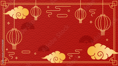 2026 Chinese New Year background. Festive chinese background with lanterns, clouds, waves, and traditional patterns.
