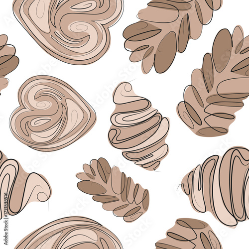 seamless pattern with puff pastry pastries, namely croissants and buns of various shapes in line art style and colored spots behind, for advertising, social media or web design