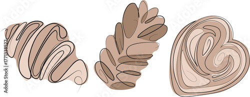 Set of icons of pastries made from puff pastry, namely croissants and buns of various shapes in line art style and with colored spots behind, for advertising, social media or web design