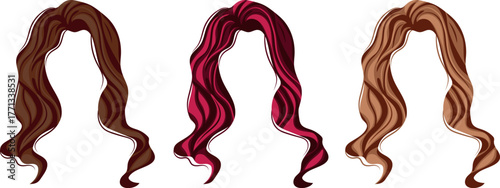 set of templates for women's hairstyles with light waves for long hair in brown, white and red colors, for female characters, avatars or portraits