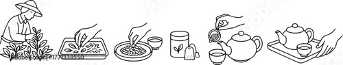 set of line art style icons depicting the stages of collecting and preparing for consumption and brewing loose leaf tea, for advertising, social media or web design