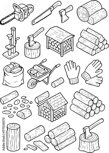 set of line art icons depicting the preparation of firewood from trees and the tools used for this, for advertising, social media or web design