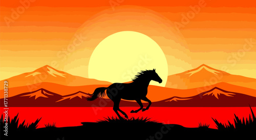 Silhouette horse runs before sunset mountain landscape
